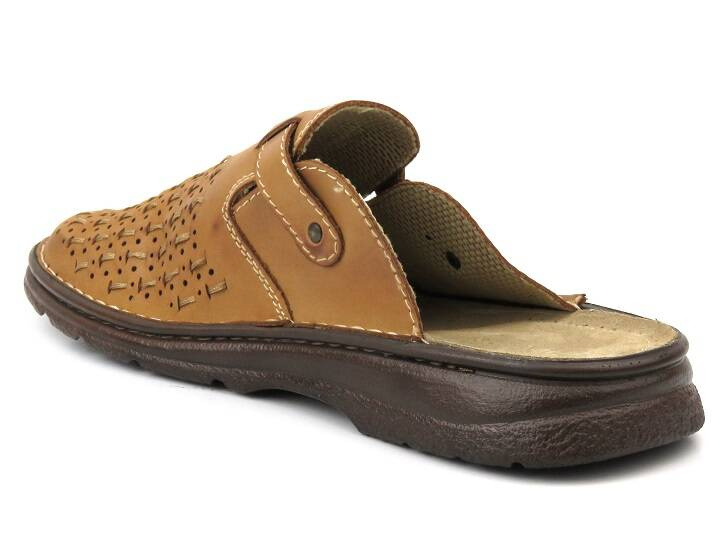 Klapki męskie z ażurową, plecioną i regulowaną cholewką - HELIOS Komfort 807, beżowe