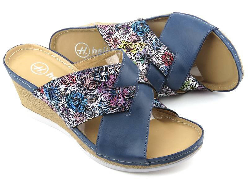 Skórzane klapki damskie na koturnie - HELIOS Komfort 297, granatowe