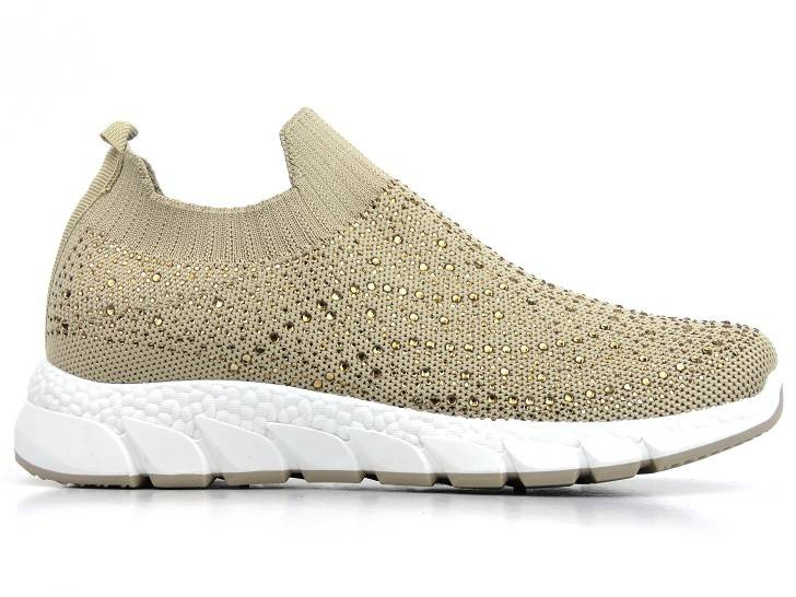 Materiałowe buty damskie sportowe z cekinami - Skotnicki 0592, beżowe