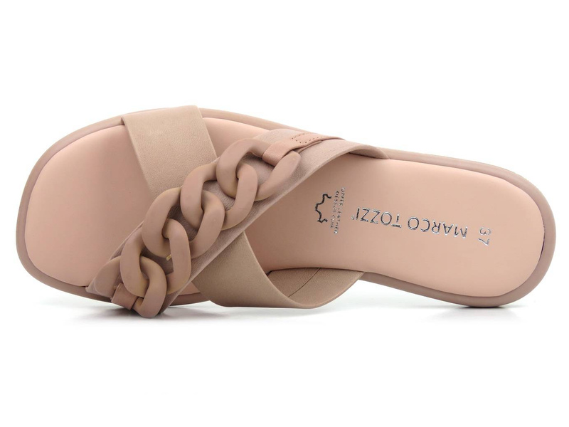 Skórzane klapki damskie z łańcuchem - MARCO TOZZI 27121, różowe