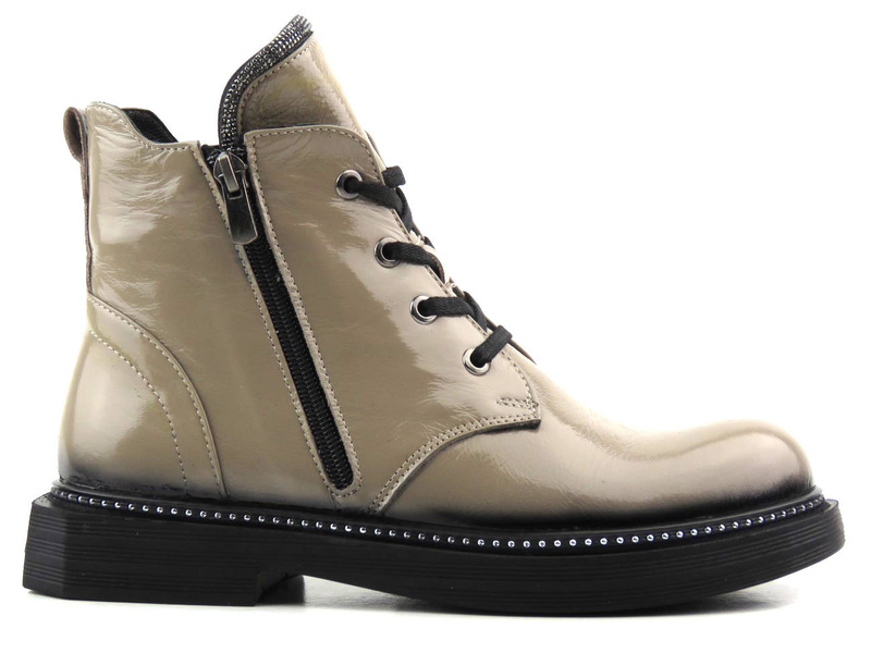 Botki damskie ze skóry lakierowanej - VENEZIA 03-VAN MINK, beżowe