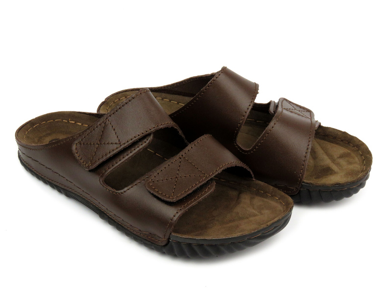 Skórzane klapki męskie na rzepy ciemnobrązowe INBLU FM-1U