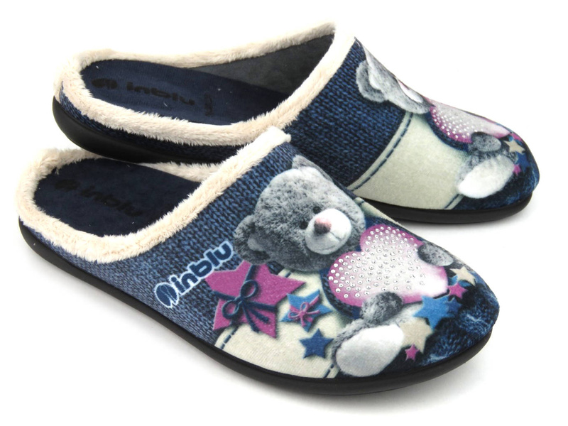 Miękkie kapcie damskie z misiem - INBLU 155D210, niebieskie