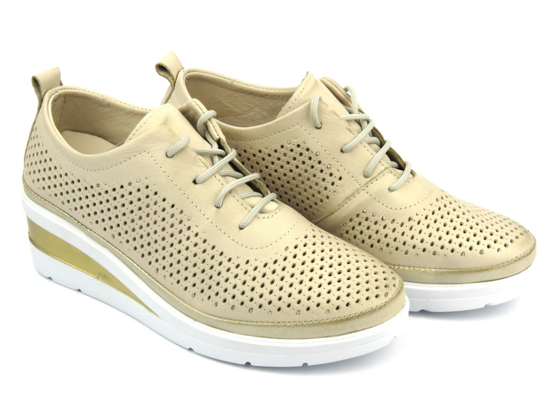 Sneakersy, półbuty damskie na koturnie - Helios 1304 beżowo-złote