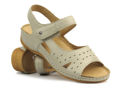 Skórzane sandały damskie na rzep kremowe Pollonus 1515