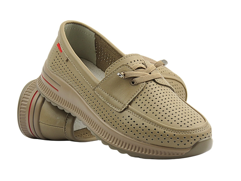 Skórzane półbuty damskie ażurowe beżowe Nika Komfort H-647