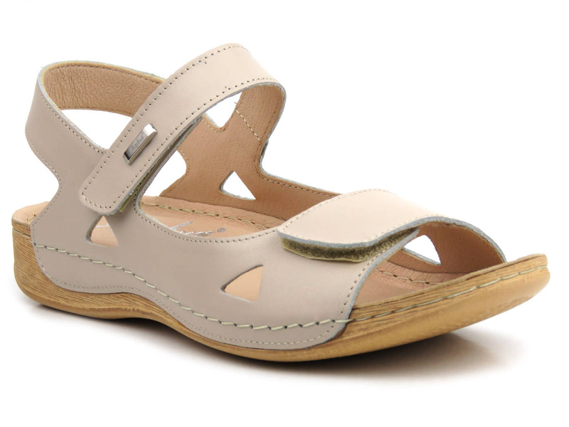 Skórzane sandały damskie z miękką wkładką - Agxbut 550, cappuccino