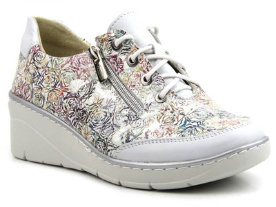 Wygodne półbuty damskie z kwiecistą cholewką - HELIOS Komfort 334S, srebrne