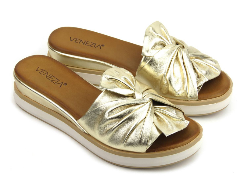 Skórzane klapki damskie z kokardą - VENEZIA 0301330111, złote