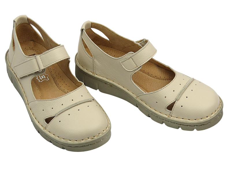 Skórzane półbuty, sandały damskie - Nika Komfort 1382, ecru