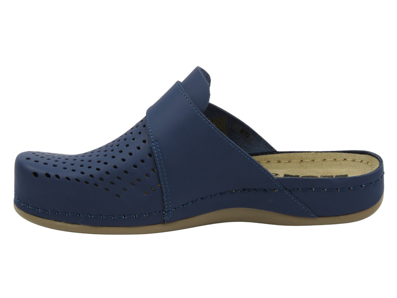 Skórzane, ażurowe klapki damskie granatowe Leon 970