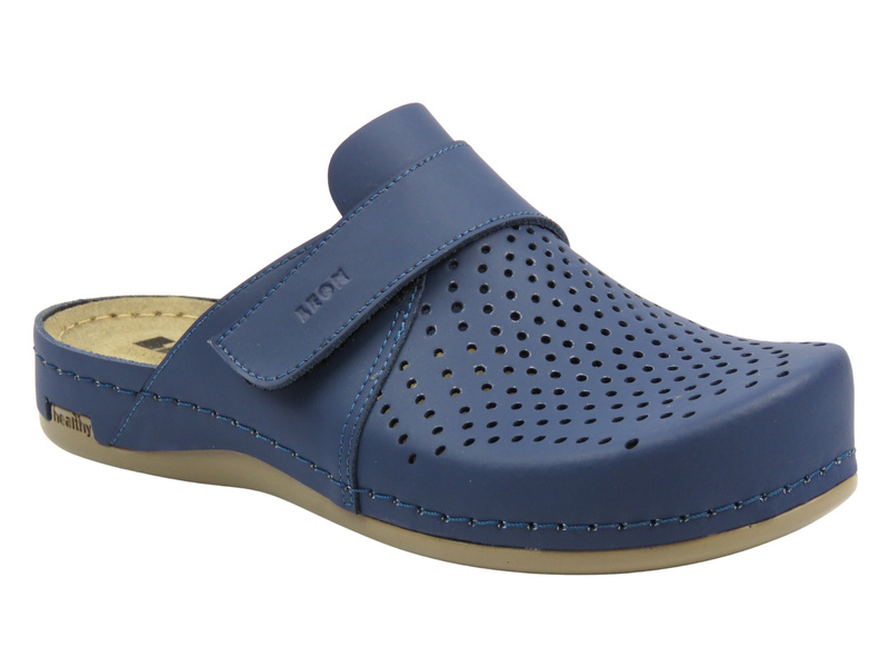 Skórzane, ażurowe klapki damskie granatowe Leon 970