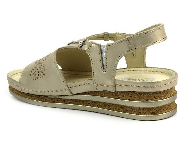 Skórzane sandały damskie na delikatnym koturnie - HELIOS Komfort 125, złote