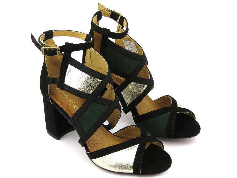Eleganckie sandały damskie na słupku - MACIEJKA 05181-09, czarne z zielenią i złotem