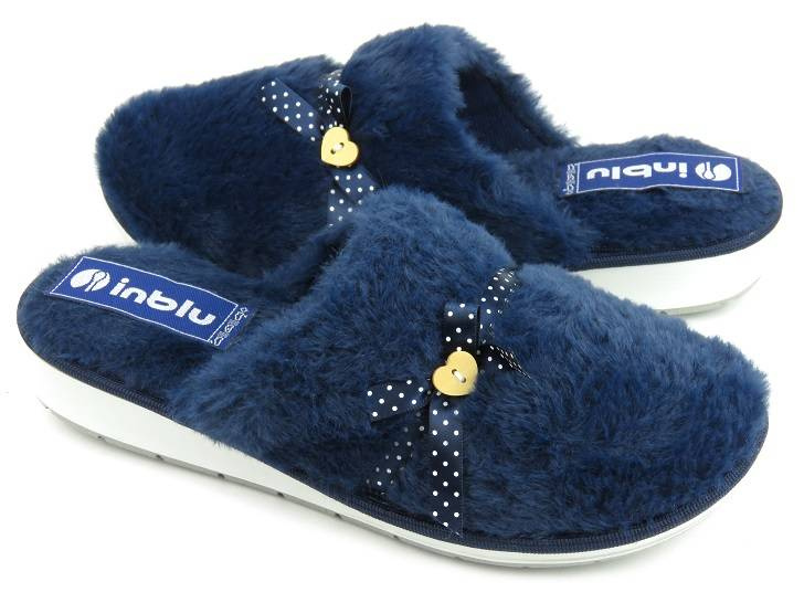 Futerkowe, miękkie kapcie damskie z kokardką - INBLU LB-91, granatowe