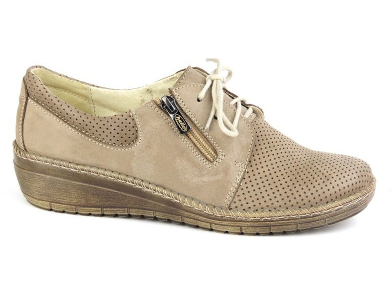 Skórzane półbuty damskie z suwakiem i sznurowaniem - Helios Komfort 328, beżowe
