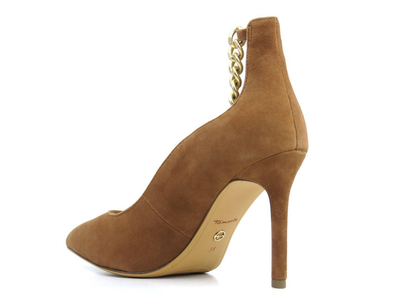 Zamszowe szpilki z łańcuchem przy kostce - TAMARIS 22414, brązowe