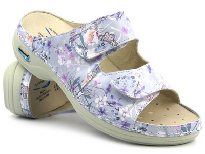 Wysokojakościowe klapki damskie, medyczne- Nursing Care WG8F18, fioletowe w kwiaty