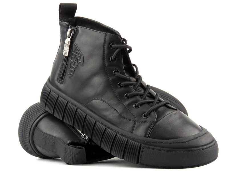 Skórzane sneakersy męskie za kostkę - JOHN DOUBARE 7092, czarne