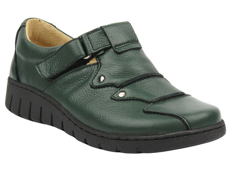 Skórzane półbuty damskie zapinane na rzep - Helios Komfort 780-2S, zielone