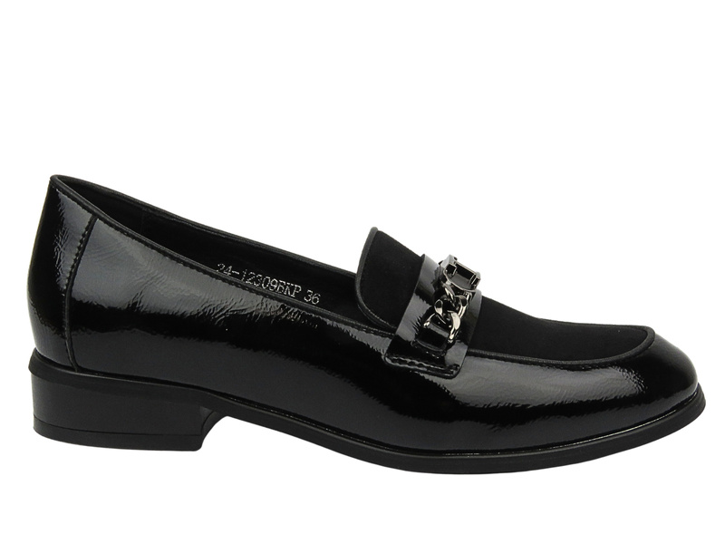 Mokasyny, loafersy damskie lakierowane - Potocki 24-12309, czarne-wsuwane