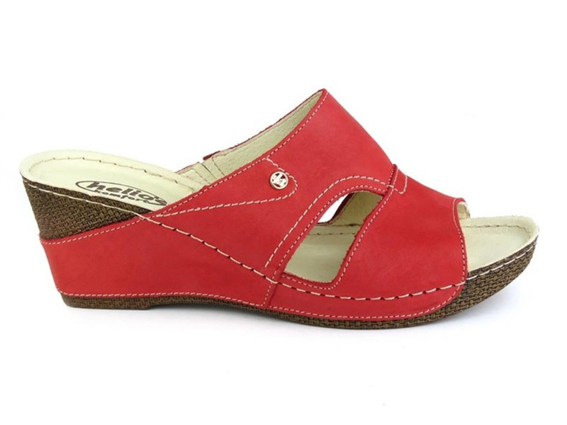 Skórzane klapki damskie na koturnie - Helios Komfort 218, czerwone