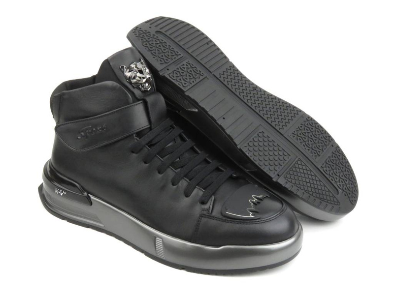 Skórzane sneakersy męskie za kostkę - JOHN DOUBARE R6576, czarne