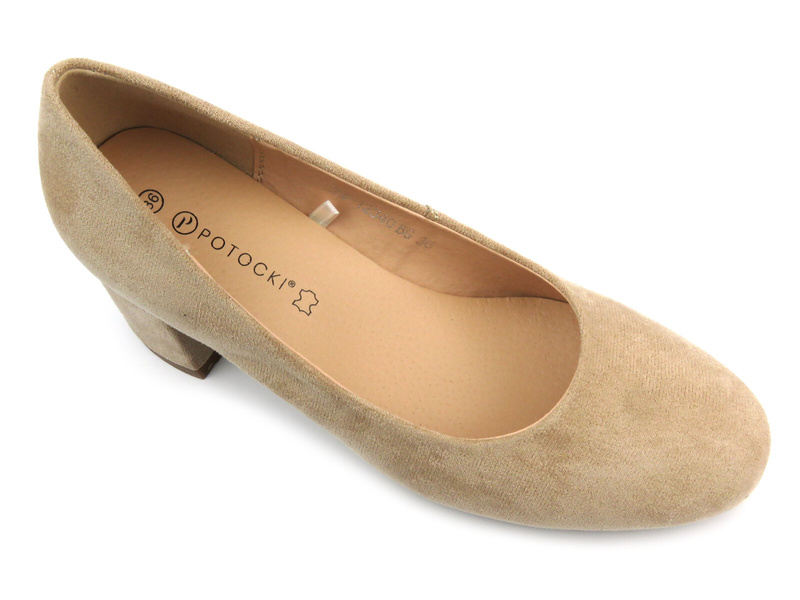 Eleganckie buty damskie na klocku - Potocki 24-12340, beżowe