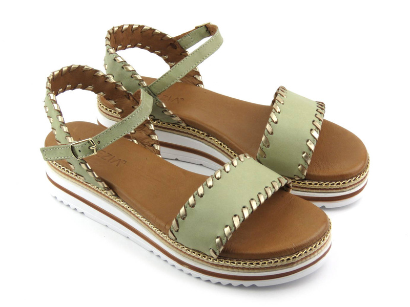 Sandały damskie na platformie - VENEZIA ESTI 261600, zielone ze złotymi przeszyciami