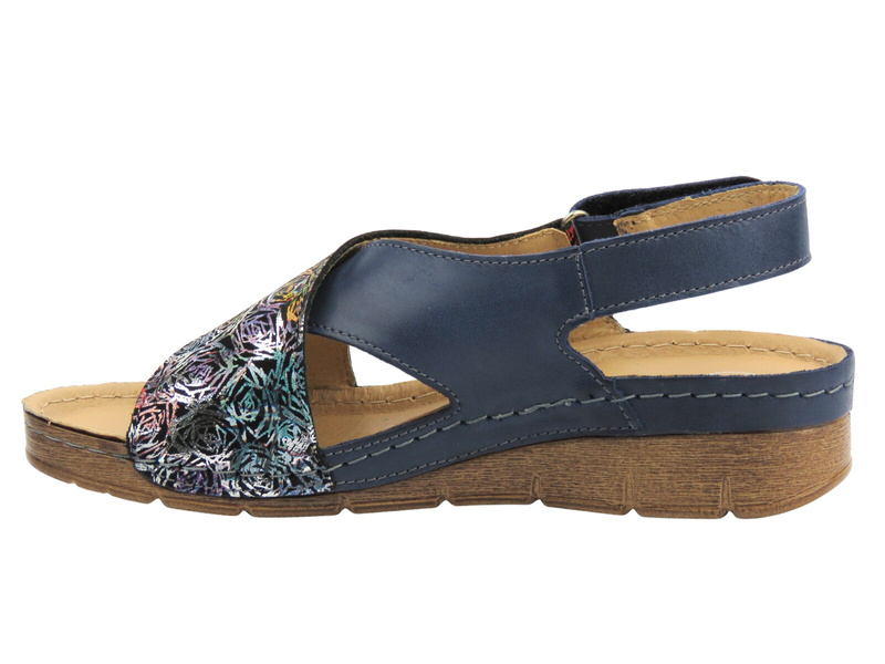 Skórzane sandały damskie ze skrzyżowanymi paskami - Helios Komfort 253, granatowe
