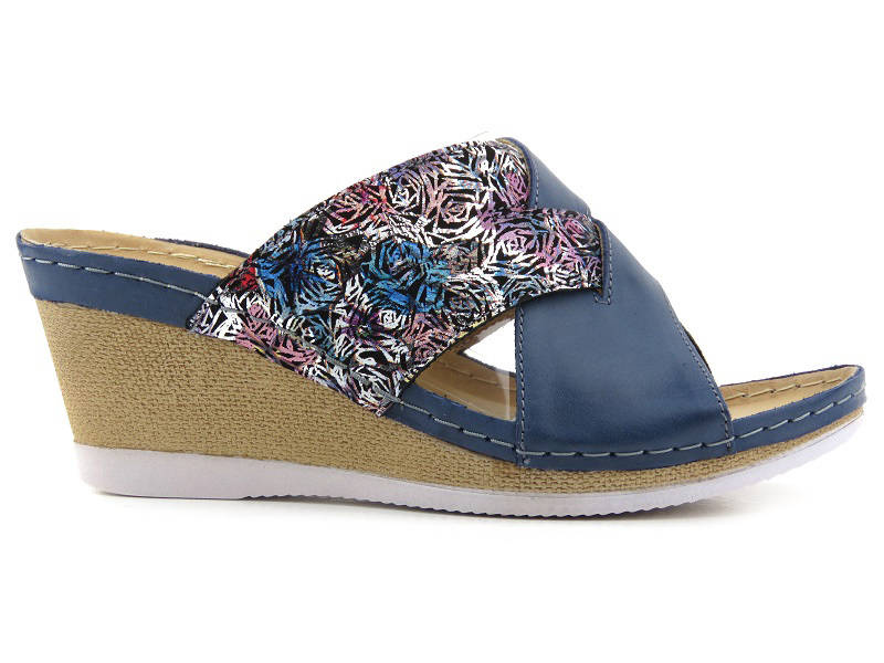 Skórzane klapki damskie na koturnie - HELIOS Komfort 297, granatowe