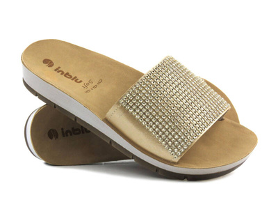 Klapki damskie ze zdobioną cholewką- INBLU BRILLA, piaskowe