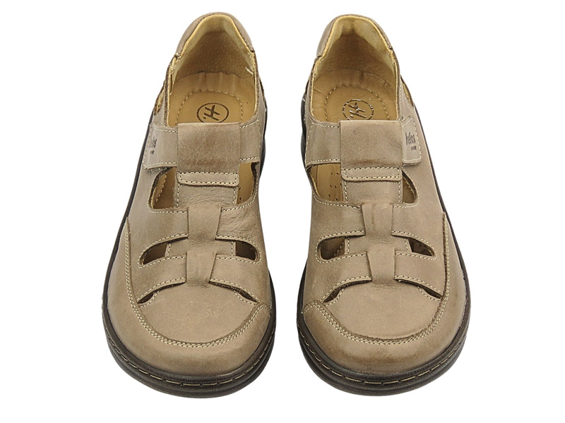 Skórzane półbuty damskie zapinane na rzep beżowe Helios Komfort 437