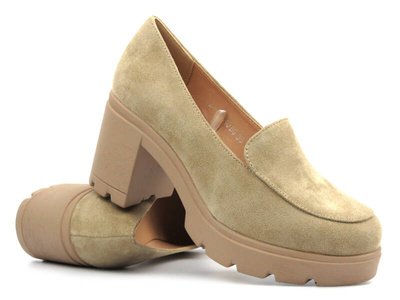 Eleganckie buty damskie na klocku - Potocki 24-12040, beżowe