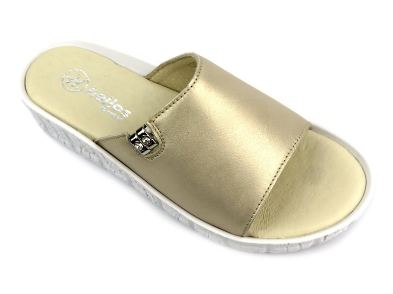 Klapki damskie skórzane płaskie złote Helios Komfort 130