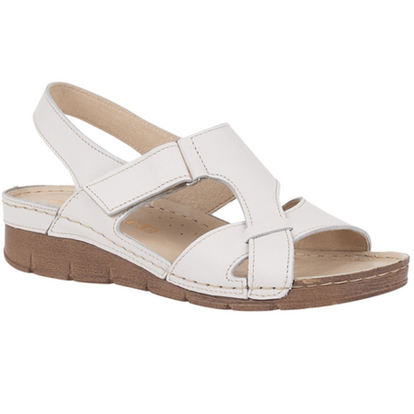 Skórzane sandały damskie na rzep - Syrena 908, jasnobeżowe