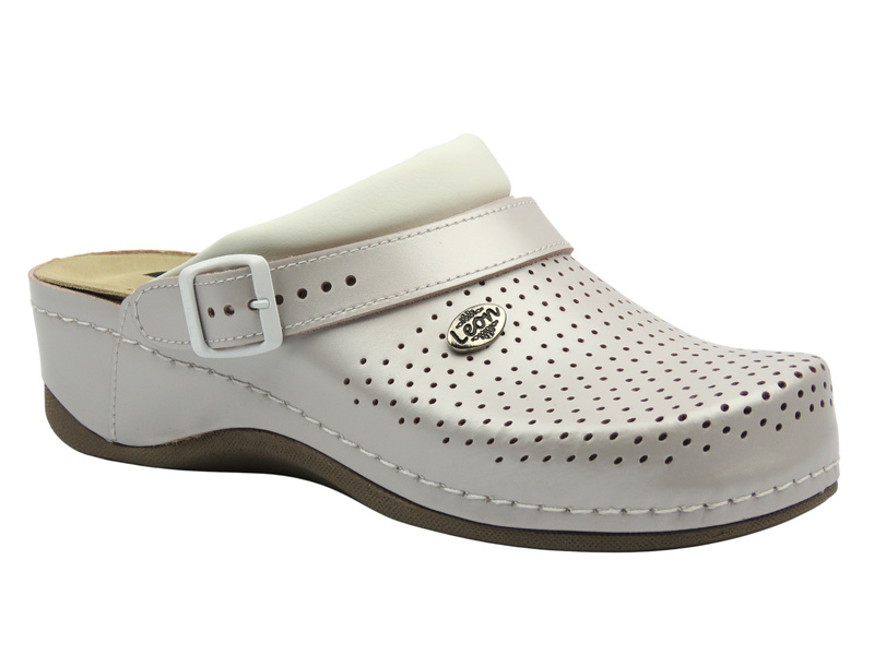 Skórzane Klapki Damskie Leon 2023 perłowe