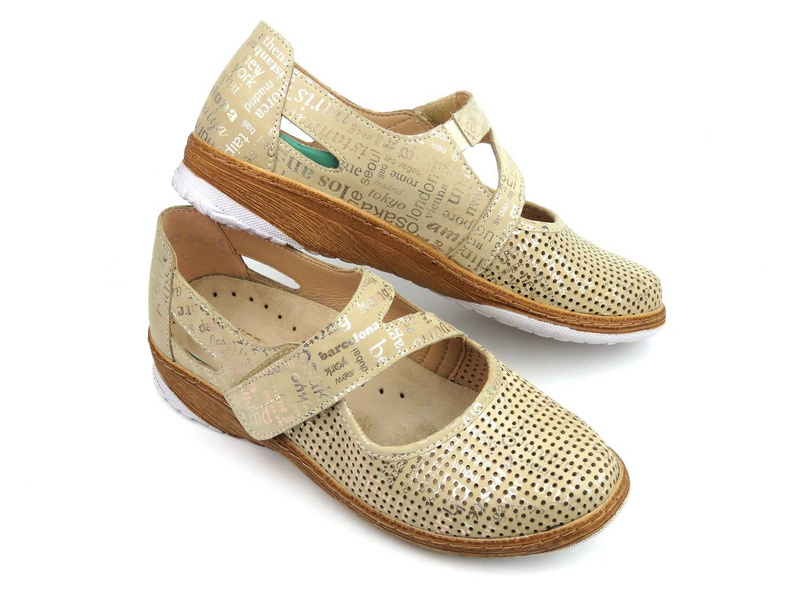 Wygodne półbuty damskie z ażurową cholewką - AXEL Active 1910, beżowo-złote