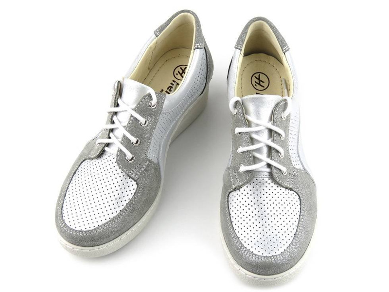 Skórzane sneakersy damskie na koturnie - HELIOS Komfort 373, szare z połyskiem