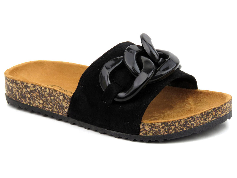 Płaskie klapki damskie z łańcuchem - Evento 22SD10-4802, czarne