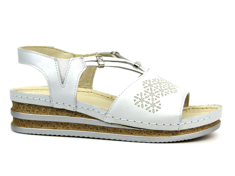 Skórzane sandały damskie na delikatnym koturnie - HELIOS Komfort 125, srebrne