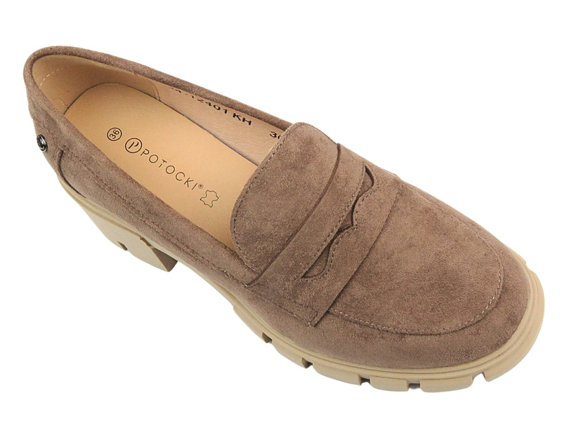 Półbuty, loafersy damskie Potocki 24-12401, khaki - wsuwane