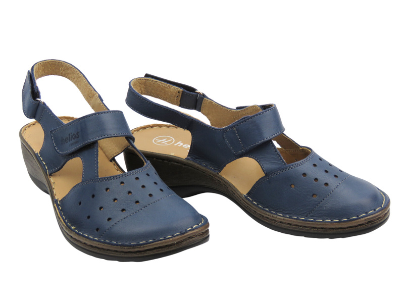 Skórzane sandały damskie na koturnie granatowe Helios Komfort 150