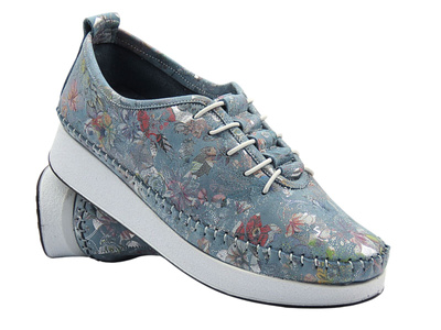 Skórzane półbuty damskie w kwiaty niebieskie VENEZIA E149NUBUOSP029