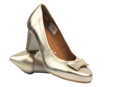 Skórzane czółenka na obcasie - GALANT 3008, złote