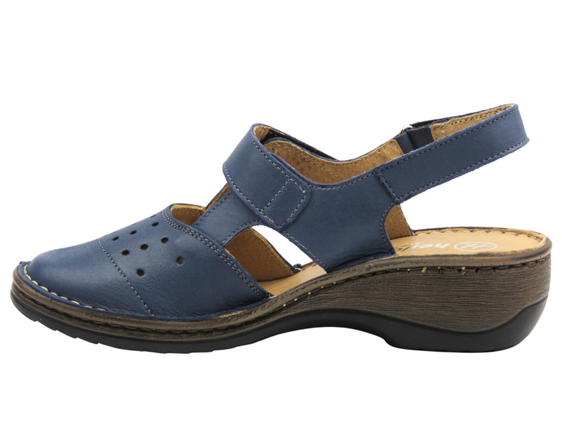 Skórzane sandały damskie na koturnie granatowe Helios Komfort 150