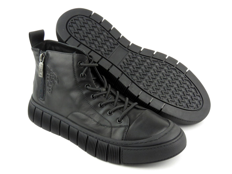Skórzane sneakersy męskie za kostkę - JOHN DOUBARE 7092, czarne