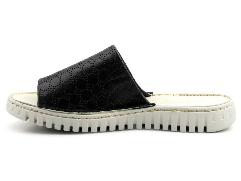 Skórzane klapki damskie na białej podeszwie - HELIOS Komfort 255, czarne