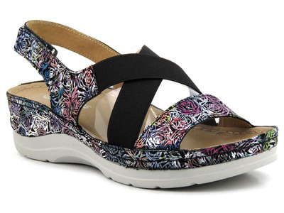 Wygodne sandały damskie na koturnie - HELIOS Komfort 100, czarne