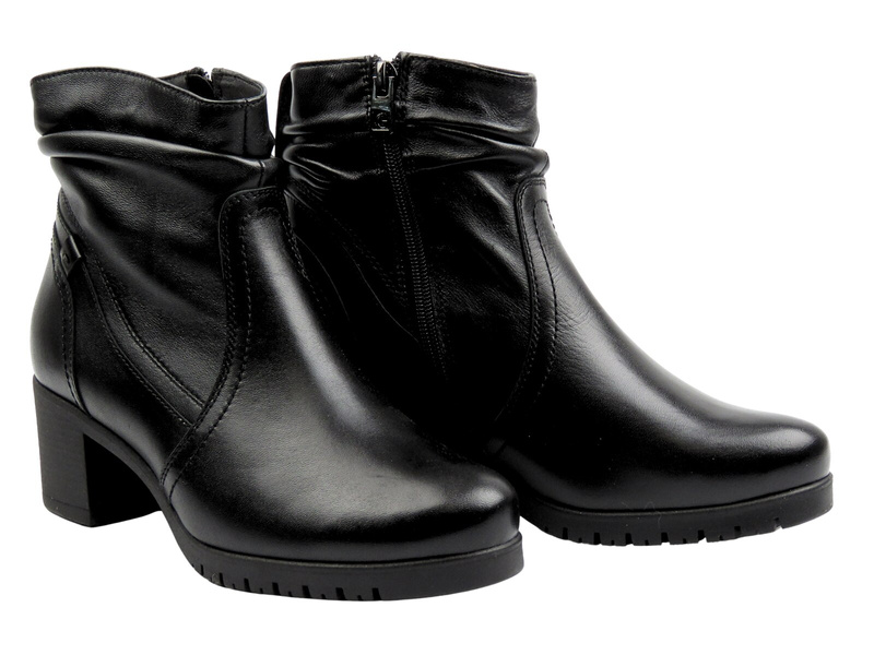 Wygodne, skórzane botki damskie na klocku - Galant 3320, czarne